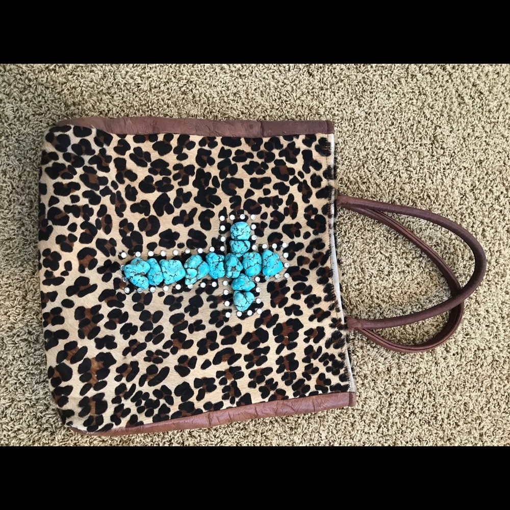 Kurtmen Designs handmade turquoise + leopard bag.
